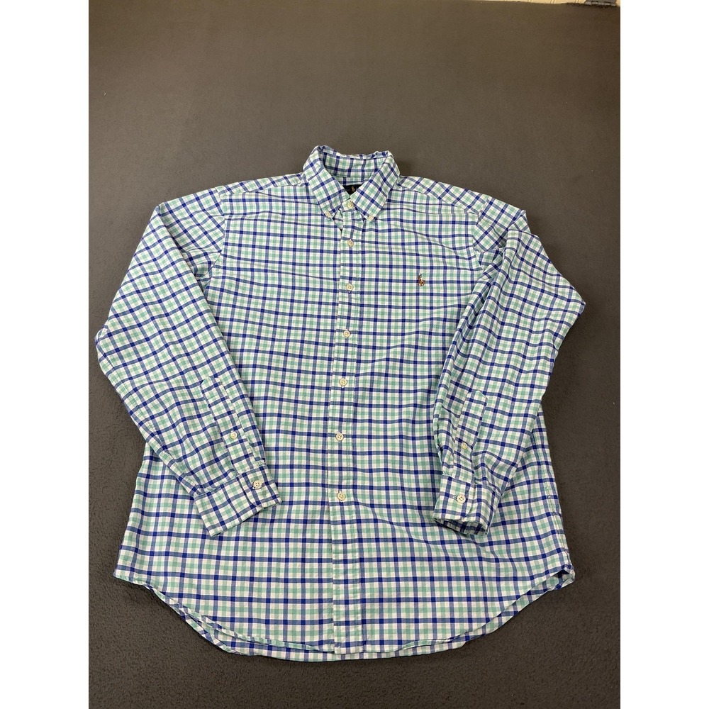 Ralph Lauren Shirt Mens L Blue Green Check Cotton Button Down Long Sleeve Pony